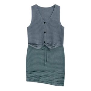 Crochet Openwork Buttoned Vest & Drawstring Skirt Set Hippie Ravewear Size Large